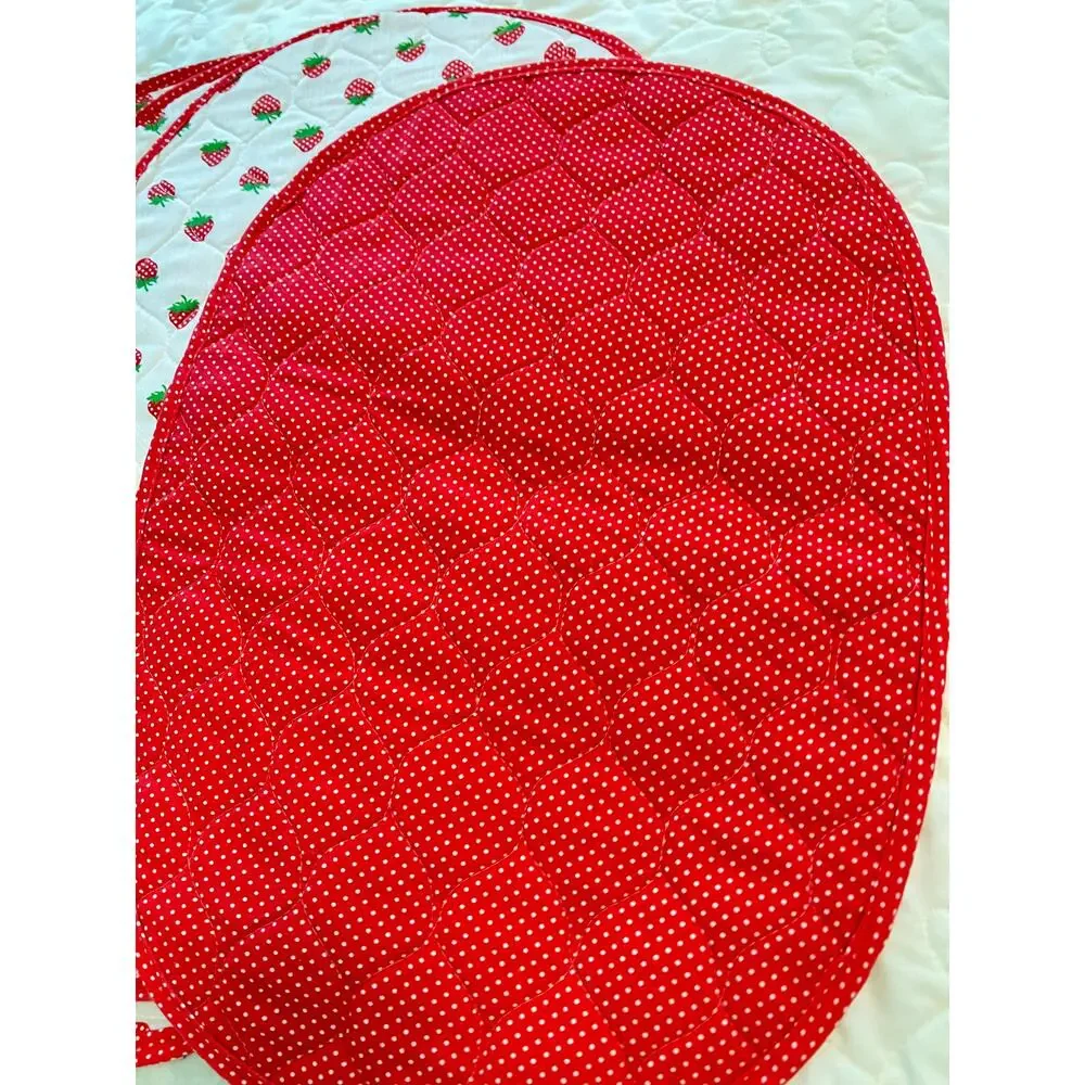 vintage quilted oval Strawberry fruit print cloth table placemats farmhouse set6